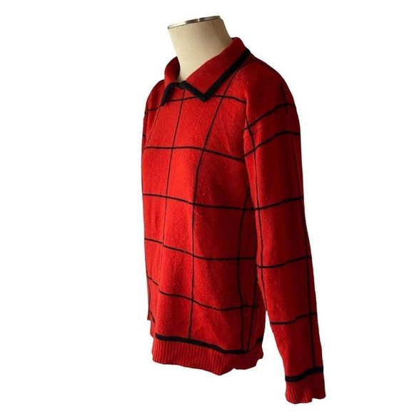 Vintage 100% Cashmere Sweater Red Black Windowpane size Small - Picture 2 of 5
